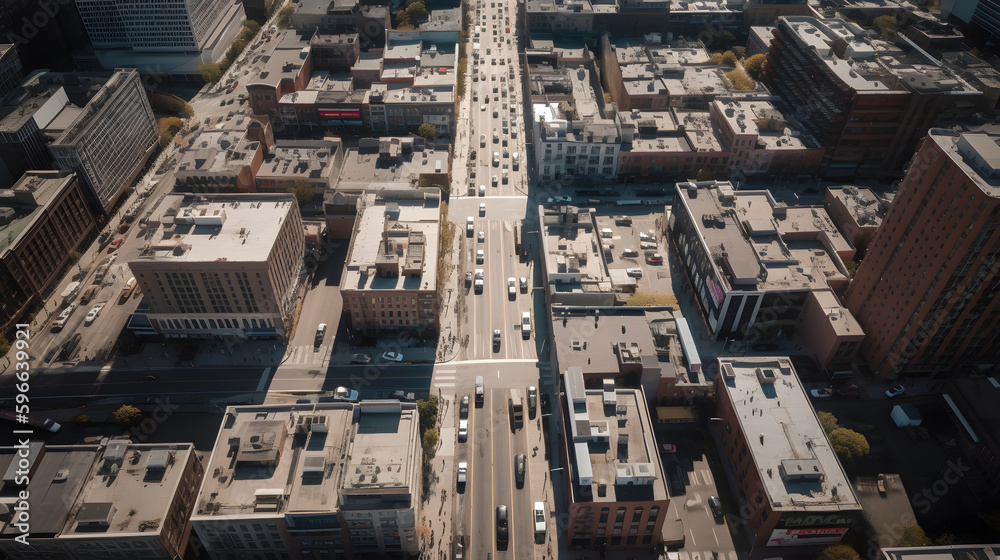 A bird's eye view of a bustling urban center, complete with a sea of cars, busy sidewalks, and towering buildings that stretch towards the sky.