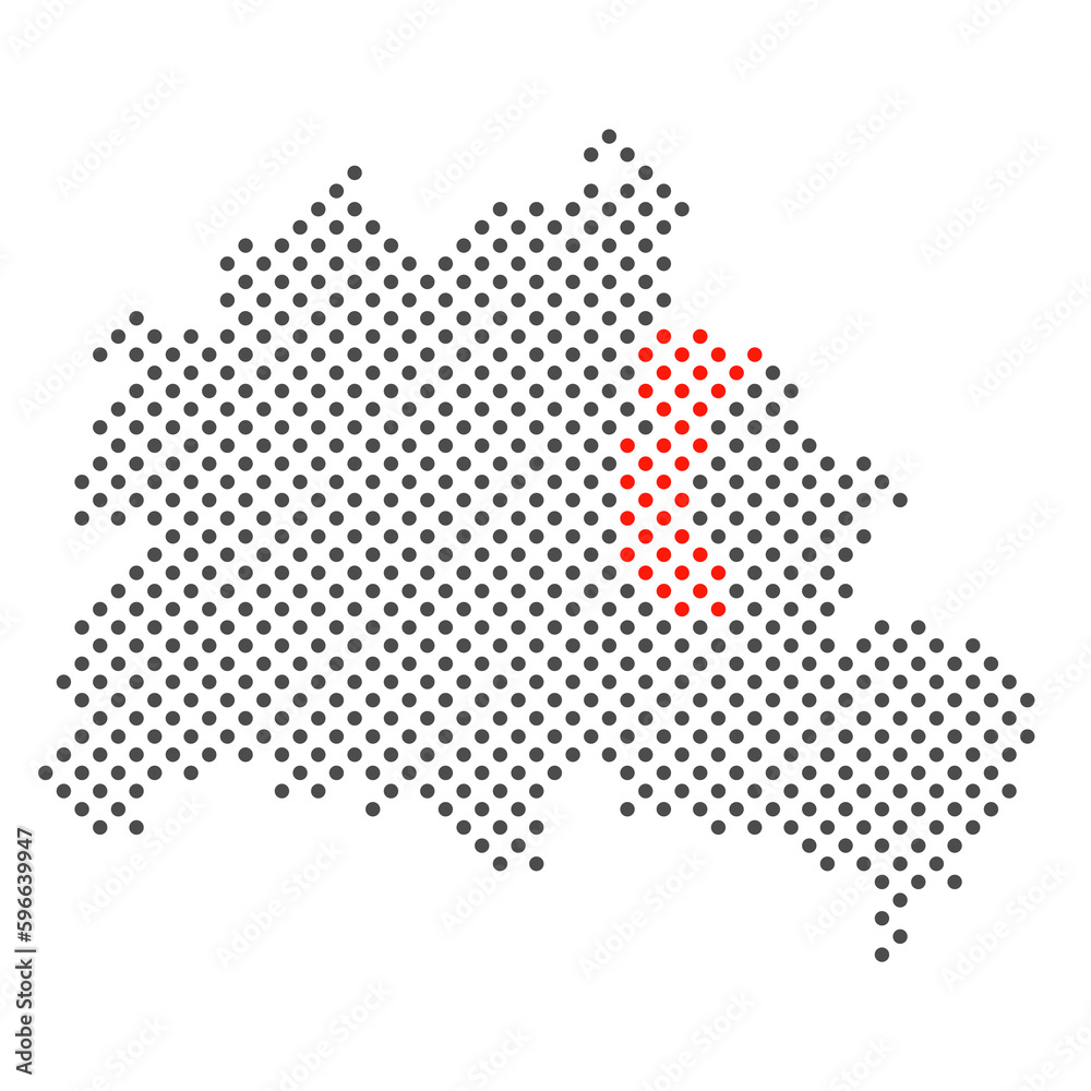 Bezirk Lichtenberg in Berlin rot markiert auf Karte aus dunklen Punkten