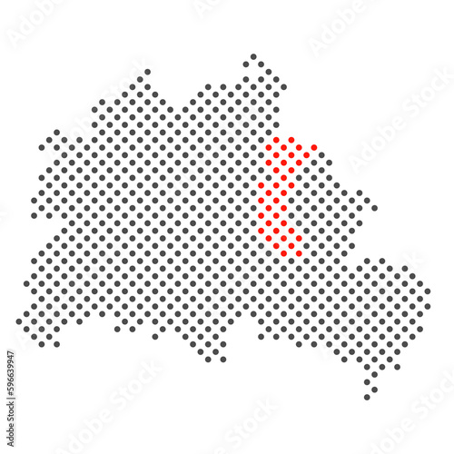 Bezirk Lichtenberg in Berlin rot markiert auf Karte aus dunklen Punkten photo