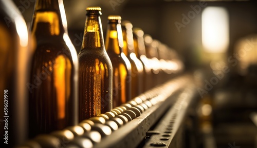 Sunlit Beer Bottles  Modern Design  Aluminum Conveyor Belt Manufacturing  Energizing Beverage Containers  Generative AI Illustration  