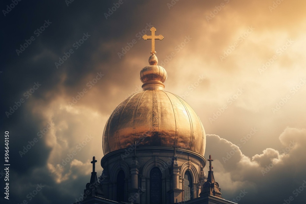 Golden dome with cross in heavenly light on clouds. Generative AI