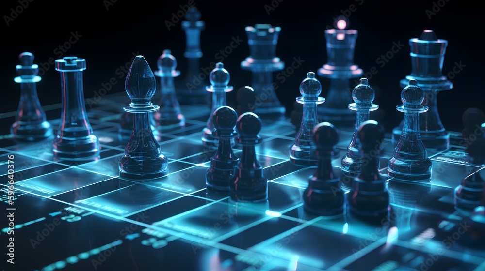 A futuristic AI-driven concept, with holographic chess pieces in a dark scene, representing optimal strategy, artificial intelligence, and the blending of human and machine. Generative AI A futuristic AI-driven concept, with holographic chess pieces in a dark scene, representing optimal strategy, artificial intelligence, and the blending of human and machine. Generative AI