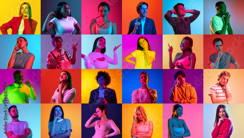Collage with young ethnically diverse people, men and women expressing different emotions over multicolored neon background. Multiracial society