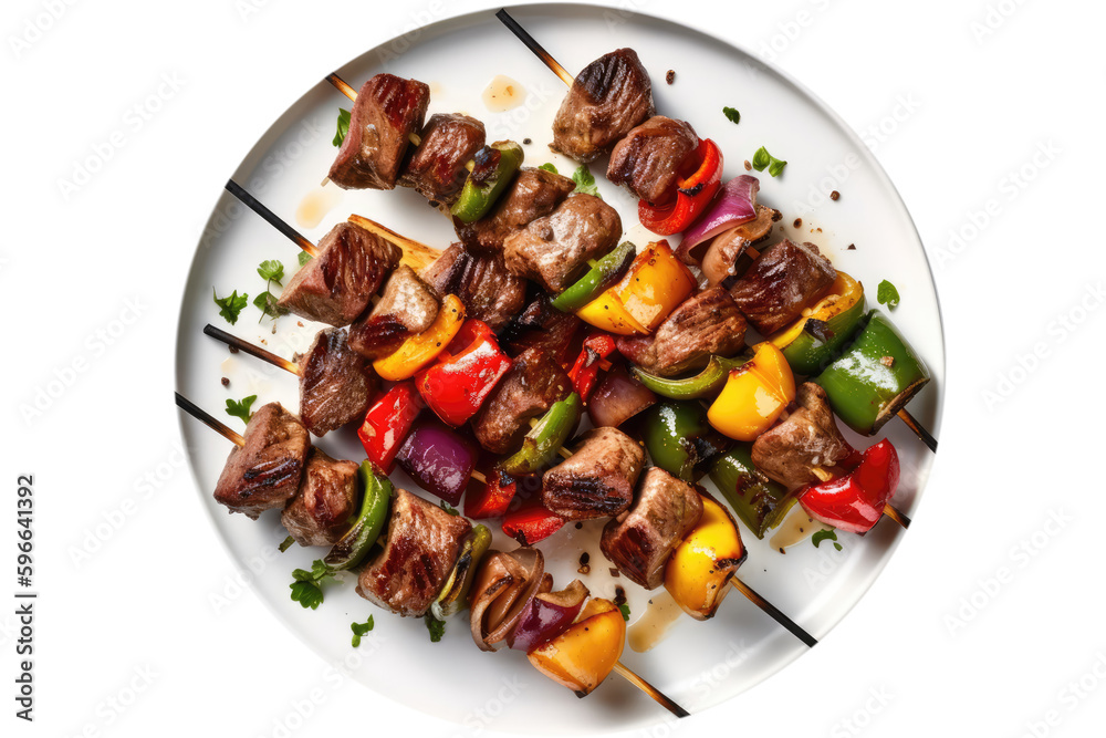 Beef And Vegetable Kebabs. Lactose-Free Food On Isolated Transparent Background, Png. Generative AI - obrazy, fototapety, plakaty 