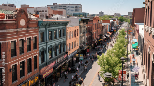 An elevated perspective of a downtown district, highlighting the vibrancy of city life with colorful storefronts, busy cafes, and historic architecture © VirtualCreatures