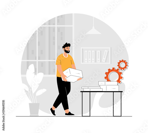 Financial data analysis, analytics  concept. Working with data. A man with a stack of documents on the desk. Illustration with people scene in flat design for website and mobile development. © vectorhot