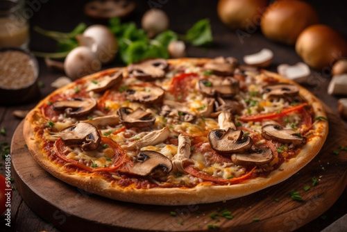 Pizza funghi, mushrooms with Mozzarella, funghi, ,Spices and Basil. Italian pizza, AI generative