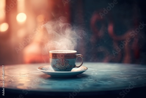 Illustration of a beautiful cup of hot coffee on a table with a blurred background. Generative AI