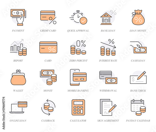 Money loan line icon set. Credit score, low interest, discount card, mortgage percent, tax minimal vector illustration. Simple outline signs for bank application. Orange color. Editable Stroke