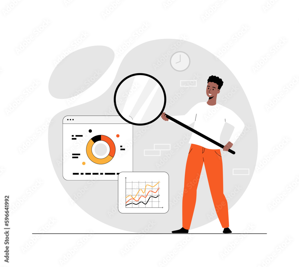 Data analytics or marketing seo optimization concept. Man analyzes graphs, charts, dashboard, prepares a report. Illustration with people scene in flat design for website and mobile development.