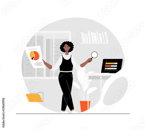 Online marketing, data analysis  concept. Woman works with documents, graphs and charts in the office. Illustration with people scene in flat design for website and mobile development.