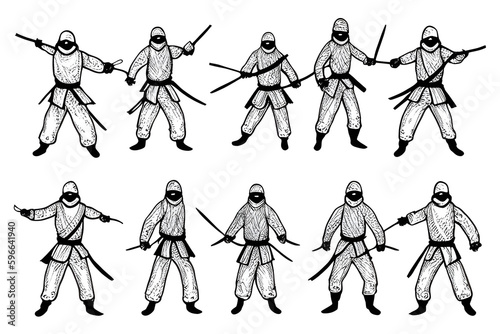 ai-generated illustration of a set of ninjas in various poses