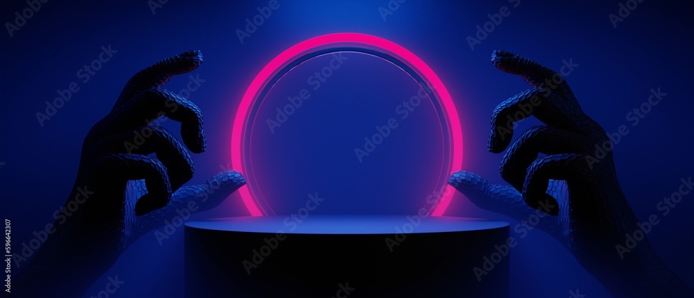 Premium Photo  3d illustration rendering of futuristic cyberpunk city gaming  wallpaper scifi stage pedestal with robot hand background a esports gamer  vs banner sign of neon glow