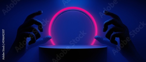 3d illustration rendering of futuristic cyberpunk city, gaming wallpaper scifi stage pedestal with robot hand background, a esports gamer vs banner sign of neon glow
