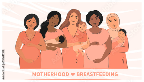Banner about pregnancy, breastfeeding and motherhood. Group of pregnant women and women with children. World Breastfeeding Week. Vector illustration