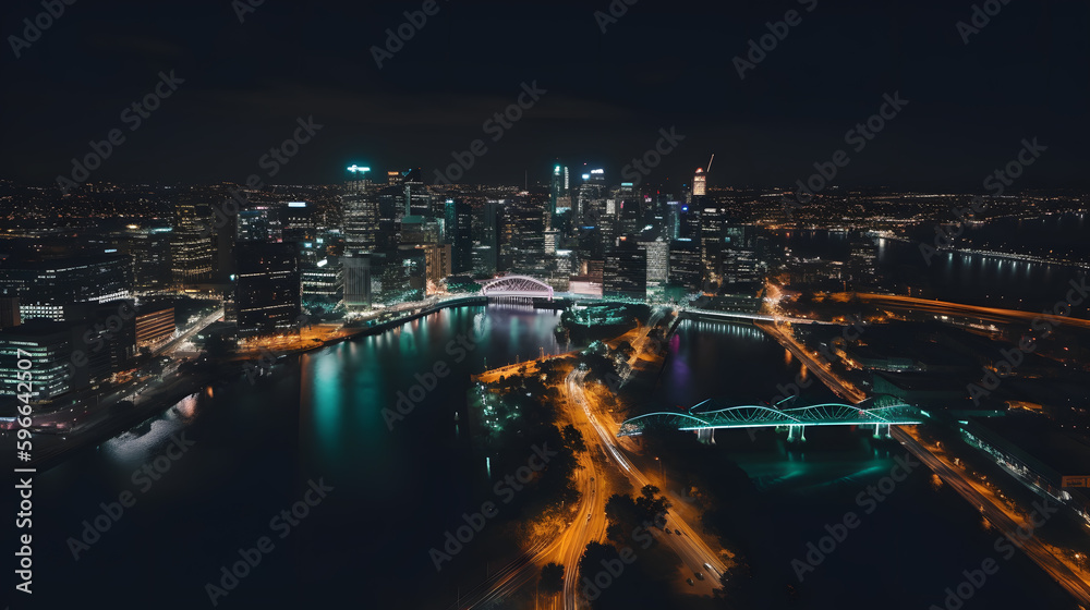 A panoramic drone shot of a city skyline at night, capturing the beauty of the glowing lights and the reflective river below.