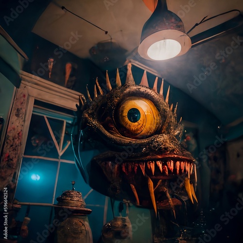 Floating Creepy Monster Cyclop Eerie Ghost Creature Scary Eye In The Air Horror B Movie cinema Artwork ia generative ai illustration ai artwork photo