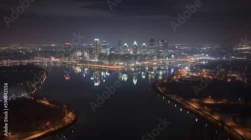 A panoramic drone shot of a city skyline at night, capturing the beauty of the glowing lights and the reflective river below