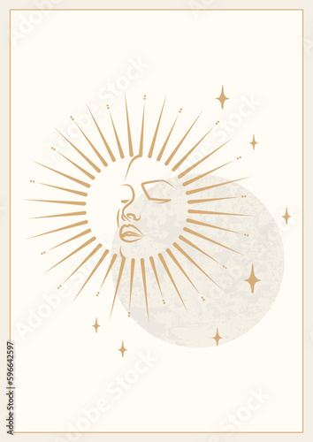 Mystical drawing of sun with face, moon and stars poster. Design for tarot card