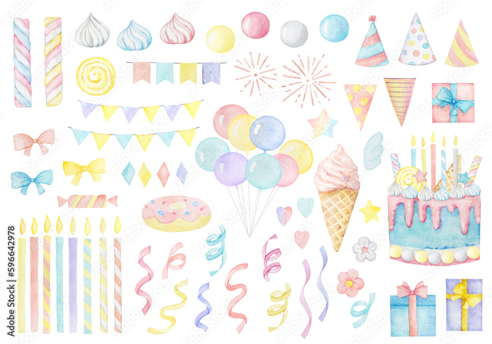 A set of watercolor birthday party cliparts in pastel colors. Design for nursery decor, card making, party invitations,  greeting cards, posters, party decorations and other. - obrazy, fototapety, plakaty 