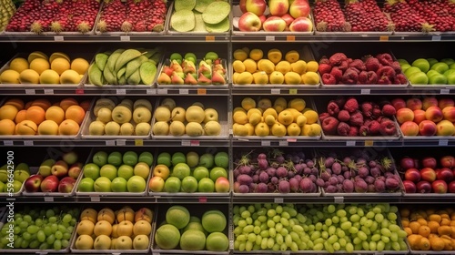 Colorful Array of Fresh Fruits on Display at Local Greengrocer. Generative AI