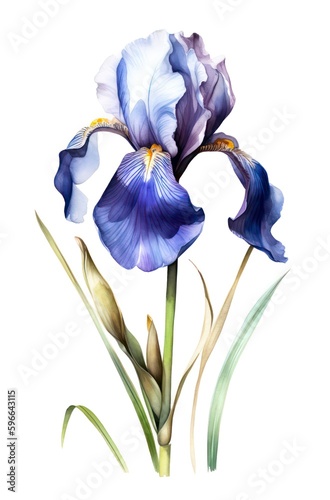 Blue iris flower isolated on white background, watercolor illustration. Generative AI.