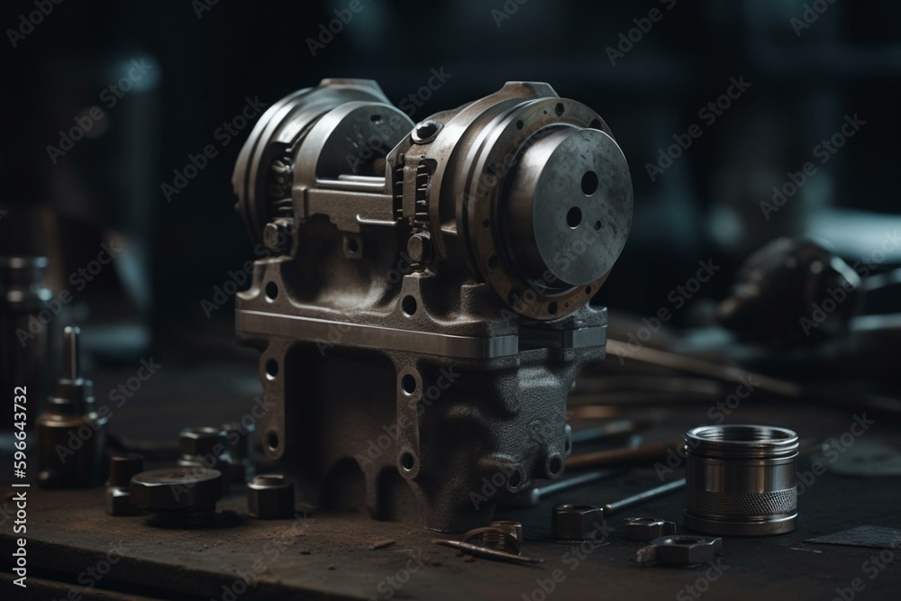 Combination of engine parts consisting of a piston and connecting rod. Generative AI