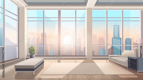 cozy modern livingroom with large windows. generative ai