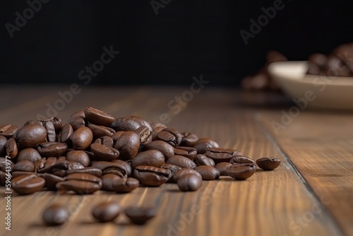 rustic coffee bean display on a wooden table. Generative AI