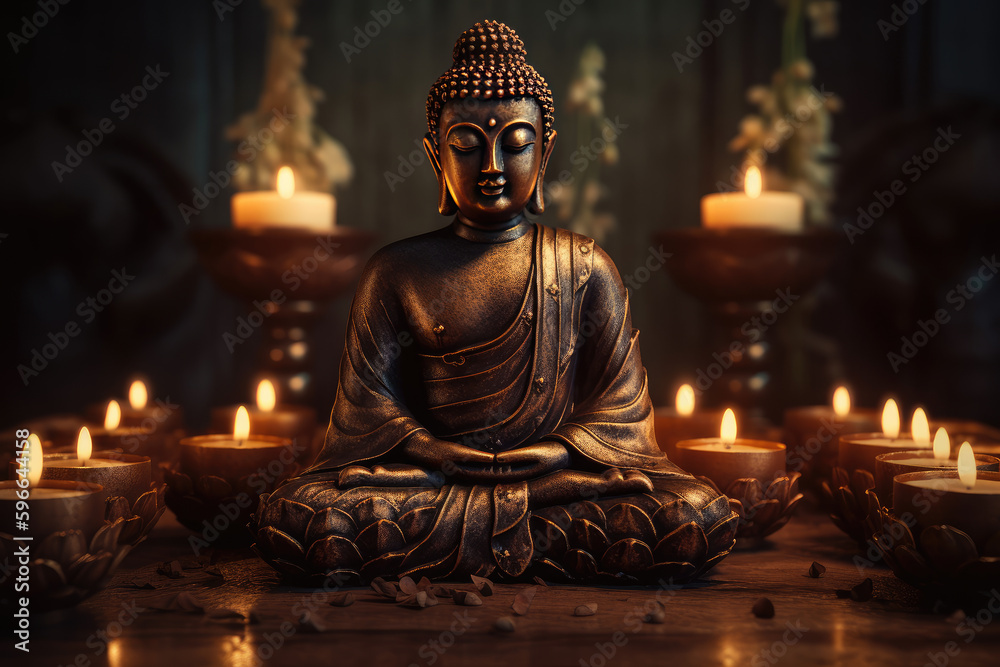 Buddha statue in meditation with lotus flower and burning candles - obrazy, fototapety, plakaty 
