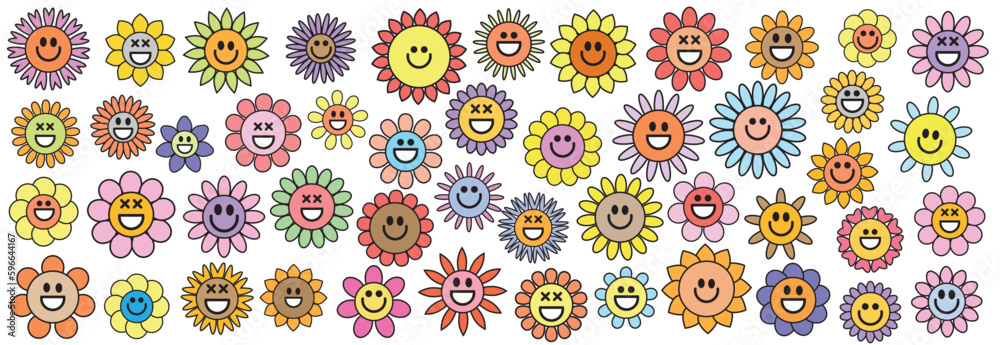 Groovy flower cartoon characters. Happy stickers set from 60s, 70s. Funny happy daisy with eyes and smile, cute comic characters. Vector illustration. Groovy flower cartoon characters. Happy stickers set from 60s, 70s. Funny happy daisy with eyes and smile, cute comic characters. Vector illustration.