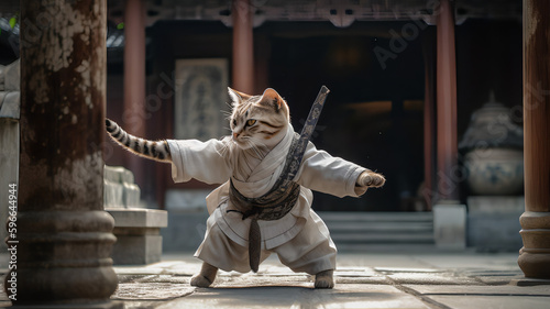 Cat in a kung fu dress. Cat on Roof. Cat with Black Belt photo