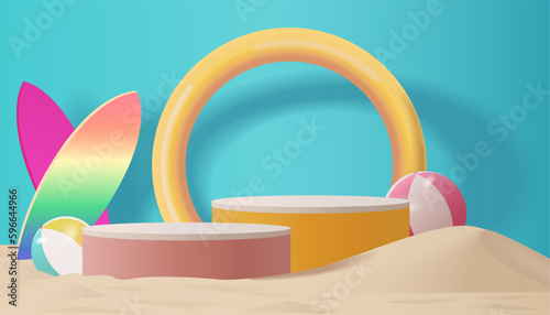 Summer color theme minimal abstract room concept, realistic cylinder podium. beach and sand toy, surfboard decoration, coconut tree shadow, summer abstract 3D room with beach 3d background.