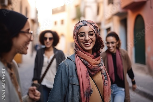 Not real Persons. Young adult arab woman with headscarf hijab strolling in a narrow side street with friends, fictional place. Generative AI photo