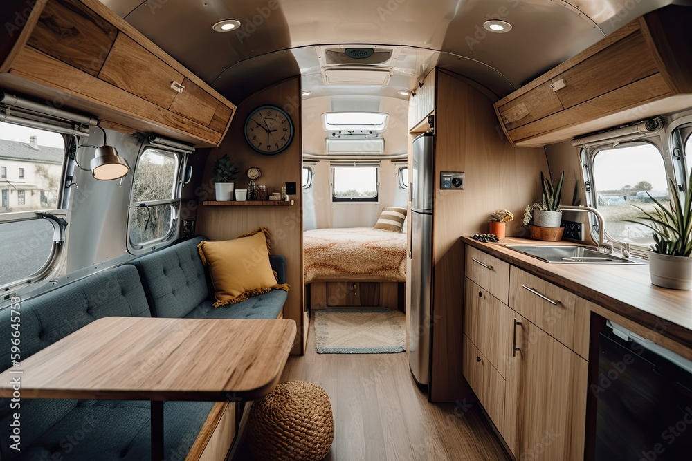 Modern caravans, trailers, and campers feature stylish and functional interior designs with a range of amenities for a comfortable mobile living experience. Generative AI - obrazy, fototapety, plakaty 