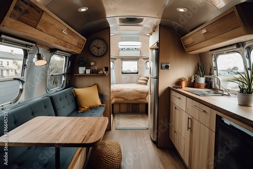 Modern caravans, trailers, and campers feature stylish and functional interior designs with a range of amenities for a comfortable mobile living experience. Generative AI