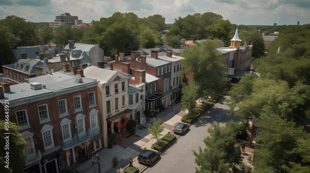 An aerial shot of a historic district, featuring cobblestone streets, charming architecture, and quaint cafes that offer a glimpse into the city's past