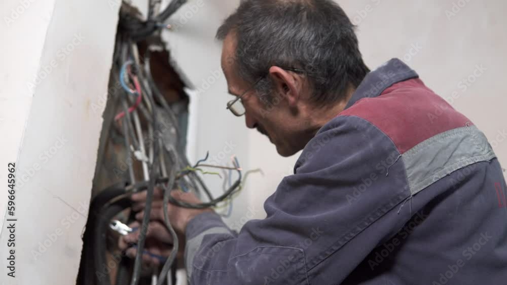 The power engineer installs an electrical panel in the apartment and a voltage relay. The power engineer installs an electrical panel in the apartment and a voltage relay.