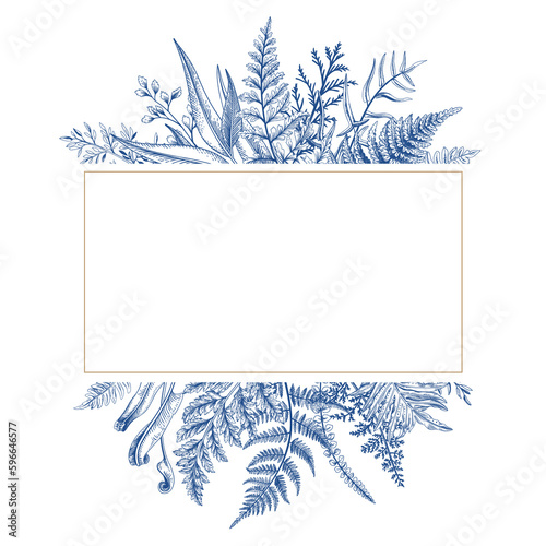 Banner with herbs  leaves and ferns. Frame with a leafy bouquet.  Blue and golden. Floral design elements. Art line style.