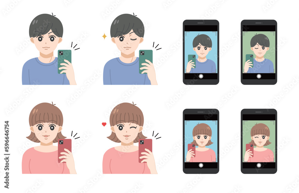 スマートフォンでミラー越しに自撮りをする男性　女性　イラストセット　主線なし
