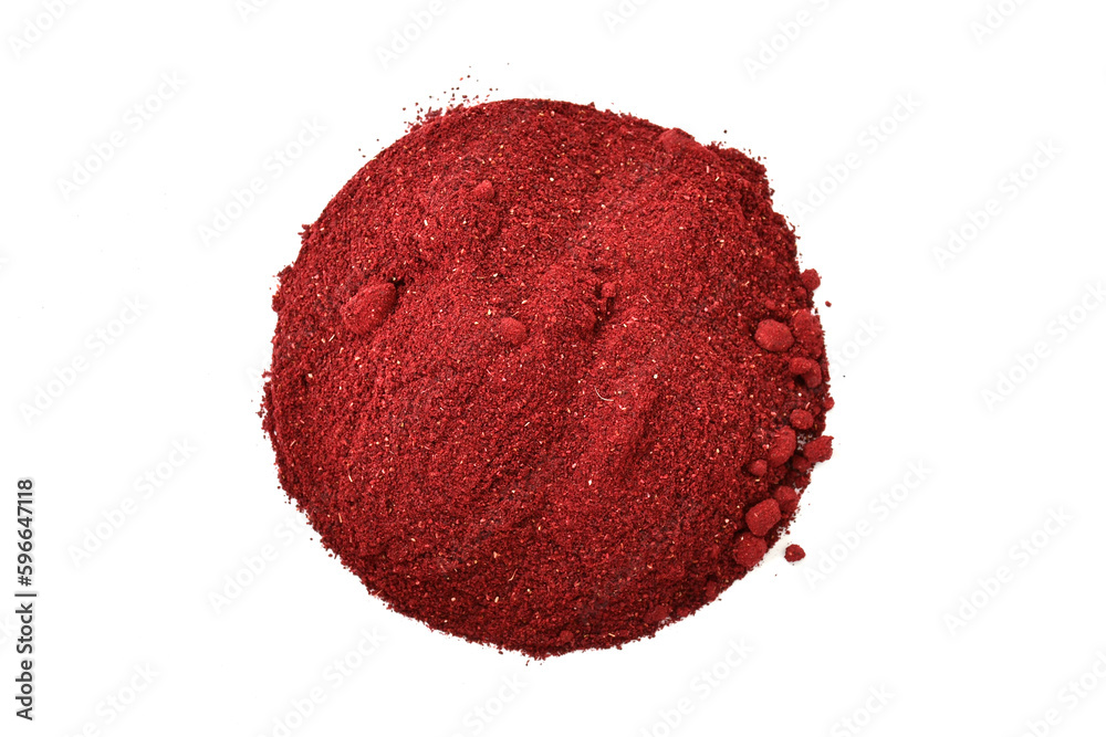 Dried Hibiscus Powder. Hibiscus rosa-sinensis dust on white background. copy space. Dried Hibiscus Powder. Hibiscus rosa-sinensis dust on white background. copy space.