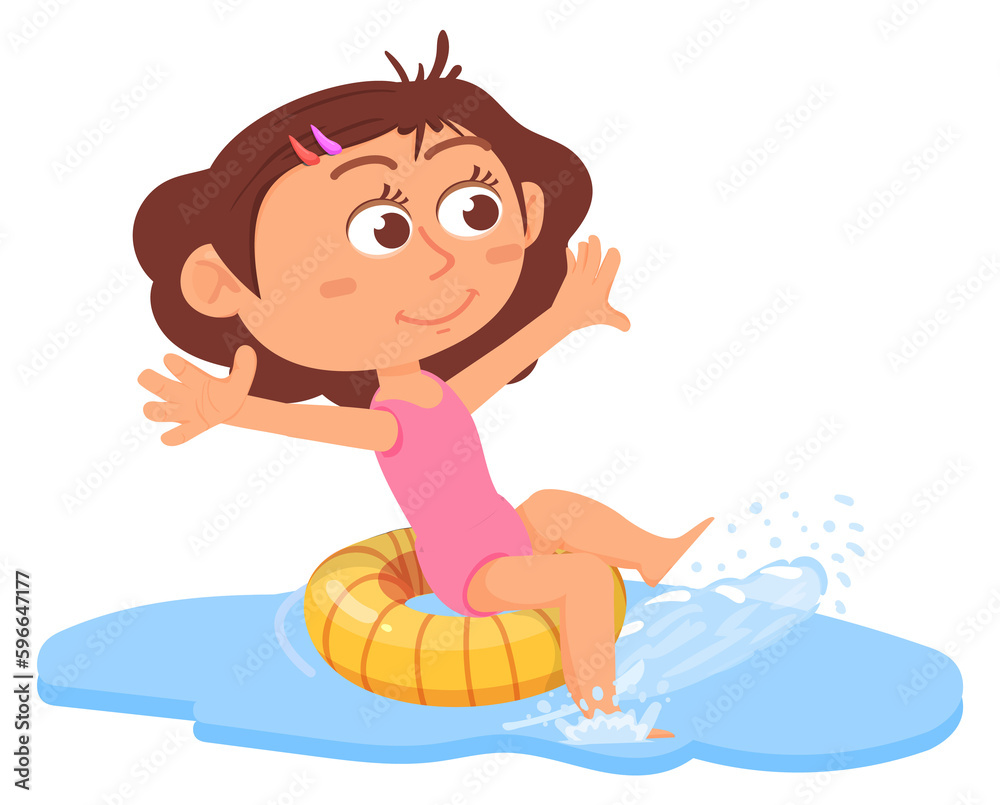 Happy girl sit on pool donut in water. Summer kid activity