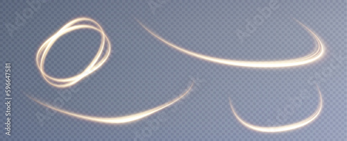 Golden glowing swirl. Light speed motion effect. Light trail. Shiny wavy path. Vector.