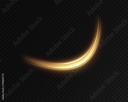 Golden glowing swirl. Light speed motion effect. Light trail. Shiny wavy path. Vector.