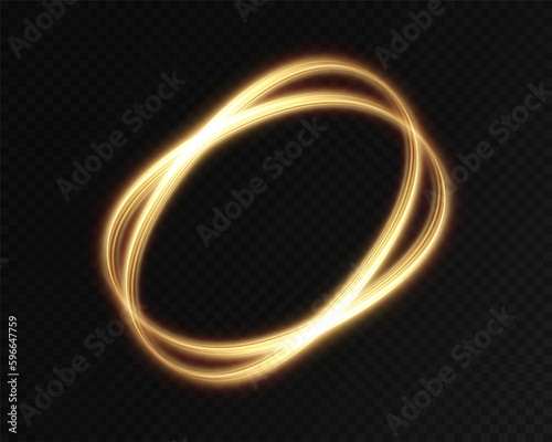 Golden glowing swirl. Light speed motion effect. Light trail. Shiny wavy path. Vector.