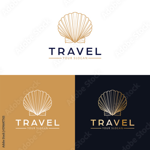 Elegant travel vector logo featuring a stylized seashell. Perfect for marine-themed brands, beach resorts, or travel agencies. Clean, artistic design for a timeless and professional look.