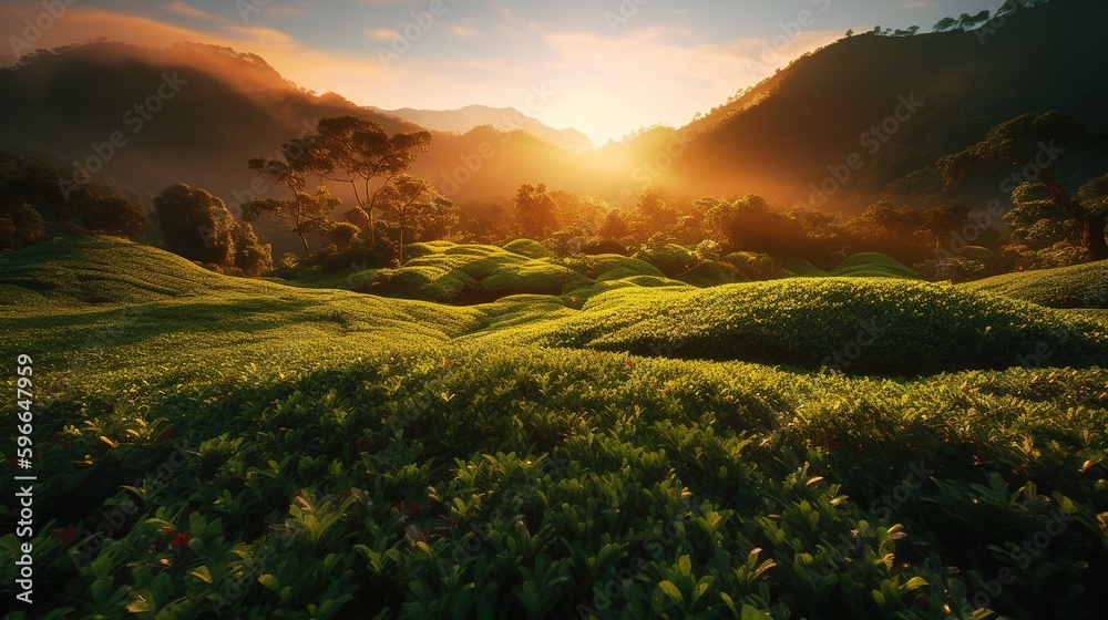 Beauty of Sunlit Tea Fields in a Serene and Tranquil Rural Landscape. generative ai
