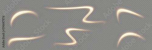 Golden glowing swirl. Light speed motion effect. Light trail. Shiny wavy path. Vector.