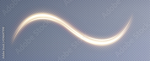 Golden glowing swirl. Light speed motion effect. Light trail. Shiny wavy path. Vector.