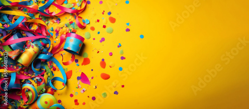 party streamers and confetti on yellow background